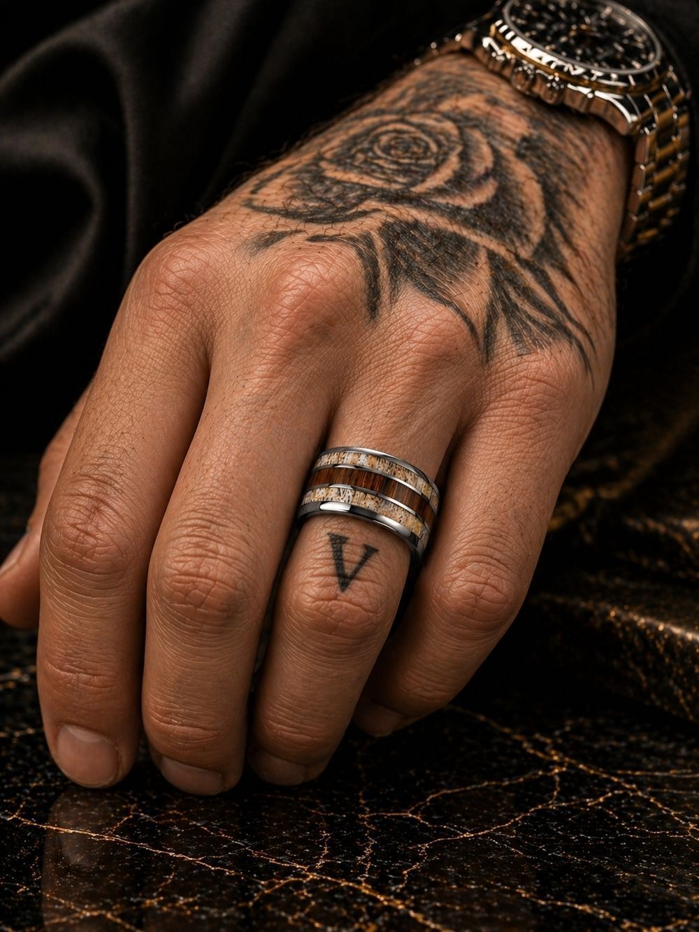 Men's Silver and Wood Inlay Band Ring